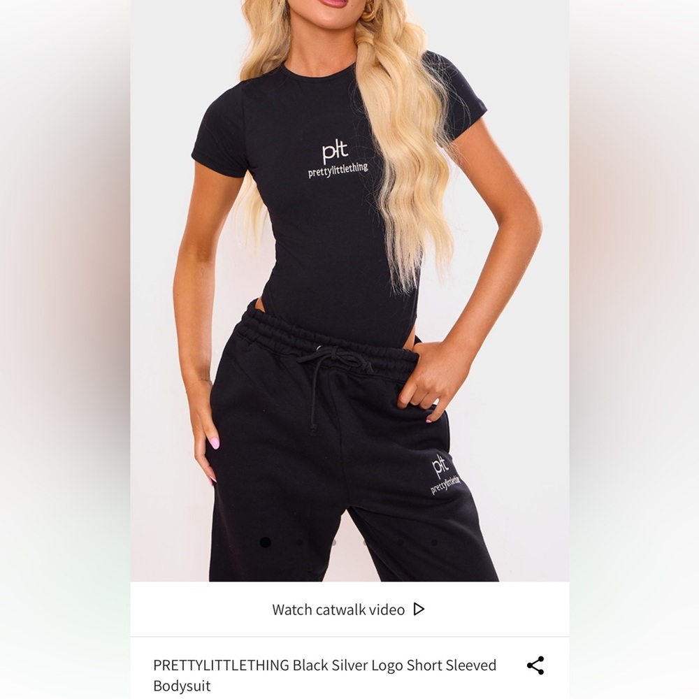 PRETTYLITTLETHING Black Silver Logo Short Sleeved
Bodysuit